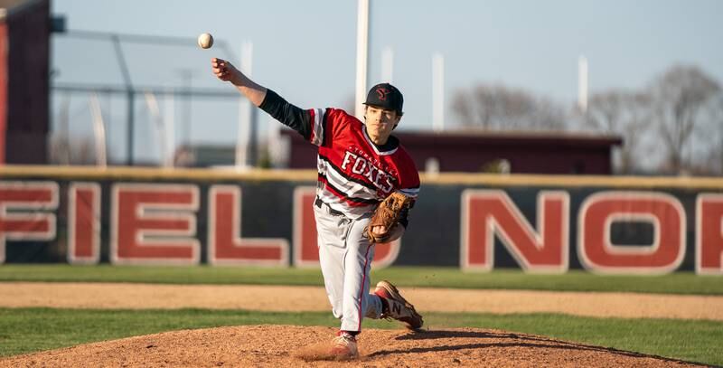 Yorkville's Gavin Dobbels (3) delivers a pitch against Plainfield North during a baseball game at Plainfield North High School on Thursday, April 21, 2022.
