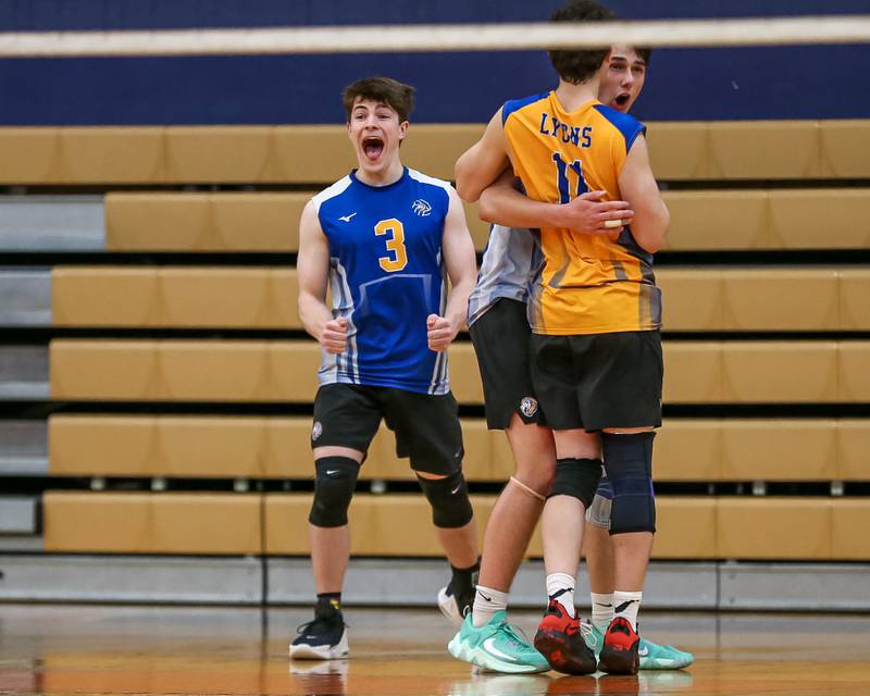 Lyons celebrates a point during Oswego Sectional final between Downers Grove North at Lyons.  May 30, 2023.
