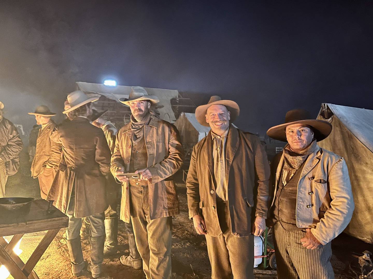Mike Wakeley and other cast members on set of "Horizon: An American Saga."