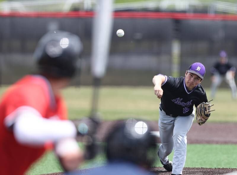 Downers Grove North's Sean Ryniec (10) throws a pitch during the IHSA Class 4A baseball regional final between Downers Grove North and Hinsdale Central at Bolingbrook High School on Saturday, May 27, 2023.