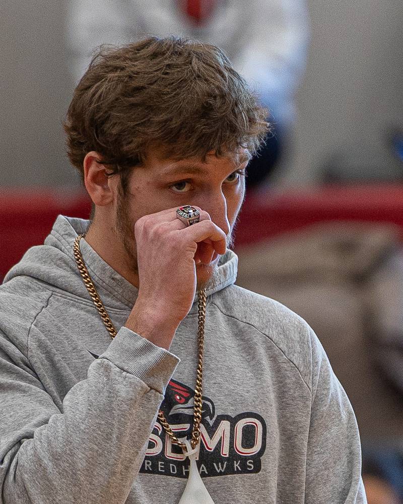 Chance Resetich wipes eye as he and 2018 Hall Red Devils team are inducted into the 2026 Hall High School Hall of Fame on Saturday, January 31, 2026 at Hall High School in Spring Valley.