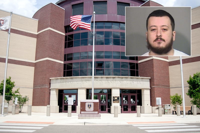 Inset of Alek A. Montemayor in front of Northwest Herald file of the McHenry County courthouse.