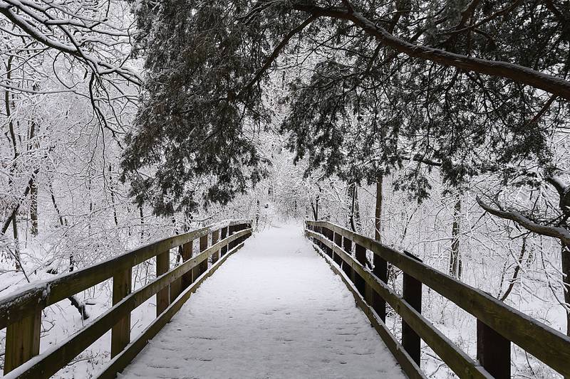 Snow covers the bridge behind Starved Rock Lodge.