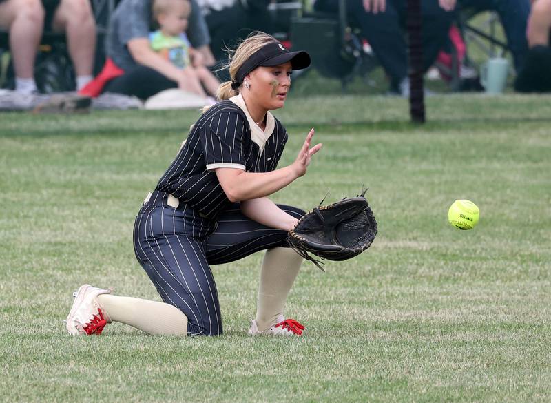 Sycamore's Addison McLaughlin fields a ball in centerfield Tuesday, June 3, 2025 during their Class 3A sectional semifinal game against Crystal Lake Central at Sycamore High School.
