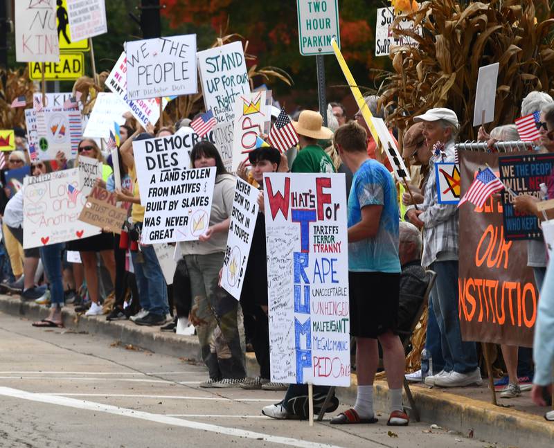 Nearly 700 people turned out Saturday, Oct. 18, 2025 for a No Kings rally on the Ogle County Courthouse square in Oregon, Illinois to protest actions and decisions by President Donald Trump and his administration.