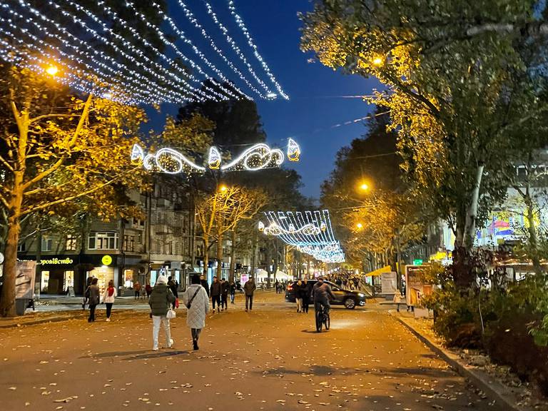 A well-lit downtown street in Mykolaiv, Ukraine. Woodstock native Evan Lenzen was teaching English at a University in the city from October until January, when foreigners were evacuated.