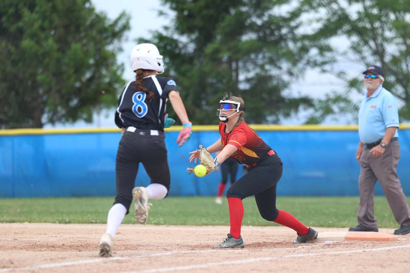 Clifton Central's 8 nears first as St. Anne's Leah Lobaugh misses the catch during Clifton Central's 9-3 victory over St. Anne in the Class 1A Dwight Regional quarterfinal game at Central High School.