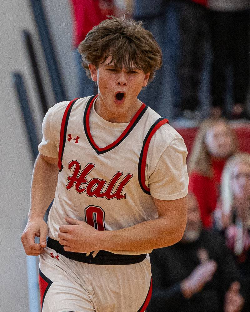 Hall's Greyson Bickett (0) reacts after scoring in game against St. Bede on Saturday, January 31, 2026 at Hall High School in Spring Valley.