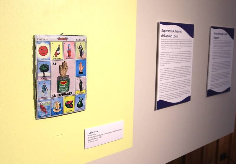 A piece entitled “La Esperanza” by Alyssa Romero Wednesday, Sept. 18, 2024, that is part of the Arts in Action exhibition at the Ellwood House Museum in DeKalb. The exhibit features work by local Latino artists and runs through the end of the year.