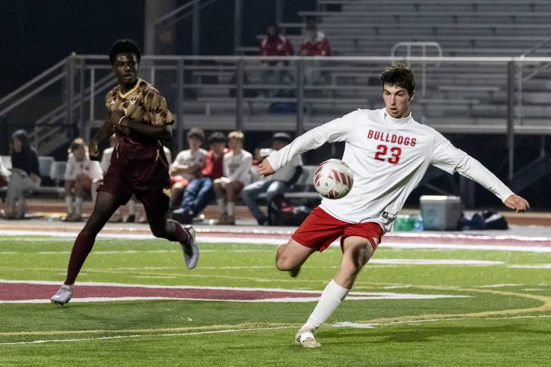 Streator's Colin Byers prepares to kick during a varsity soccer game against Morris at Morris on Oct. 15, 2025.