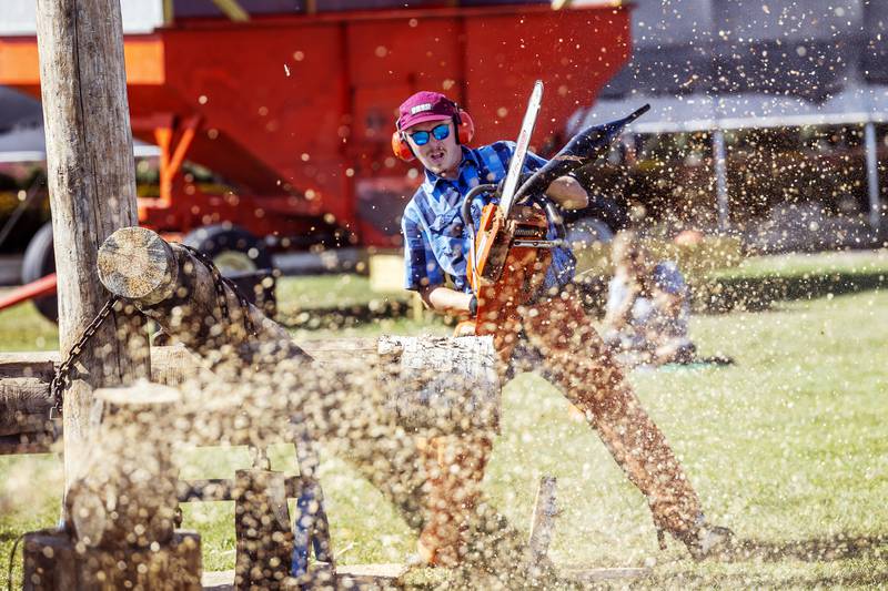 In a cloud of sawdust Tim Knutson finishes the hot saw event Saturday, October 5, 2024, during Rock Falls Tourism’s Lumberjack Show.