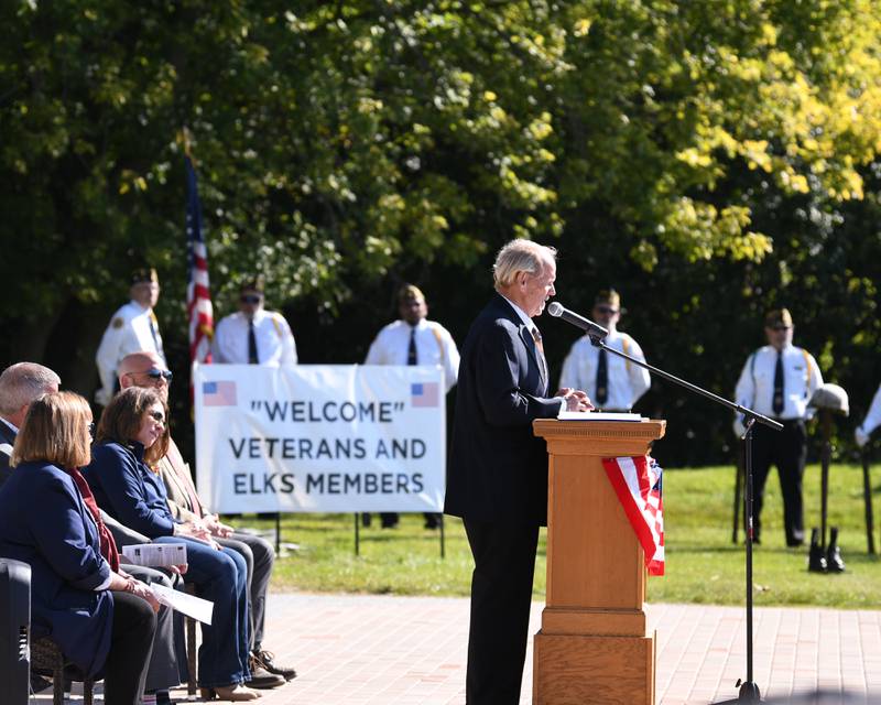 U.S. Air Force veteran Michael Embrey speaks during a dedication ceremony marking the completion of phase one of the DeKalb Elks Veteran’s Memorial Plaza in DeKalb Saturday, Oct. 1, 2022.