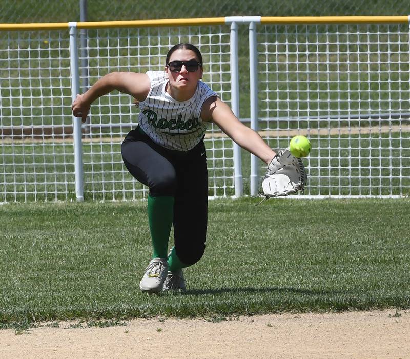 Rock Falls left fielder Julia Renner dives for a line drive against Oregon during the championship game of the 2A Oregon Regional on Saturday, May 23, 2026 at Oregon Park West.