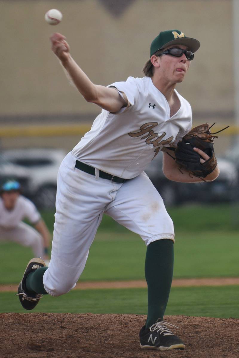 Bishop McNamara's Callaghan O'Connor throws a pitch during a home game against Marian Central Friday, April 17, 2026.