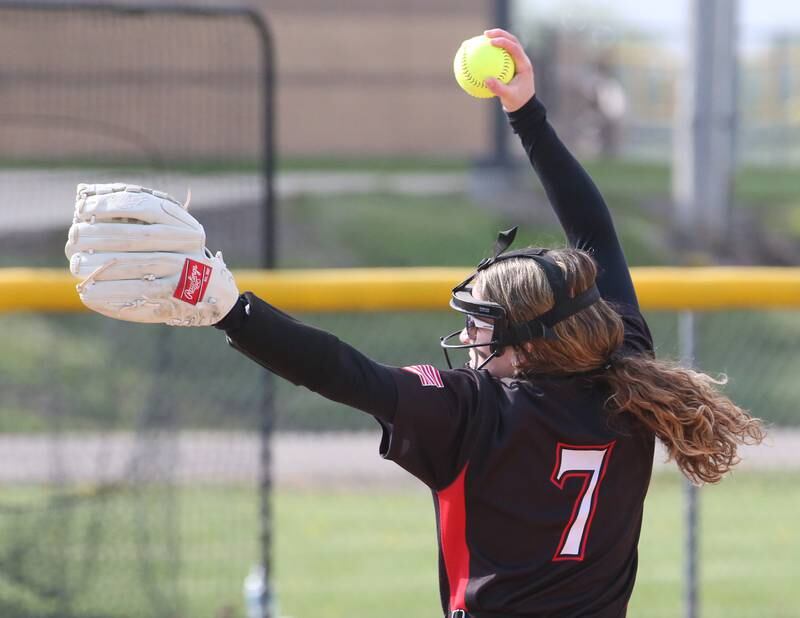 Henry-Senachwine's Lauren Harbison delivers a pitch to Putnam County on Tuesday, April 25, 2023 at Putnam County High School.