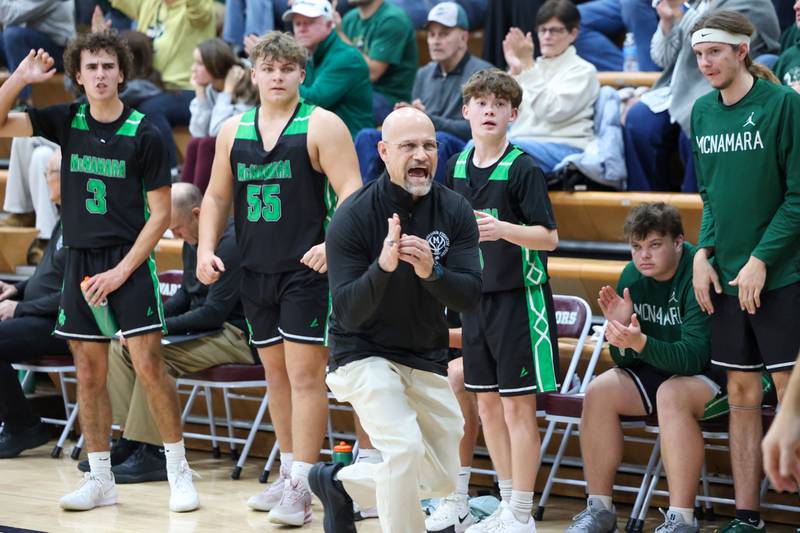 Bishop McNamara head coach Adrian Provost calls for a timeout during the Fightin' Irish's 62-41 victory over Clifton Central in the Watseka Holiday Tournament championship on Tuesday, Dec. 16, 2025.