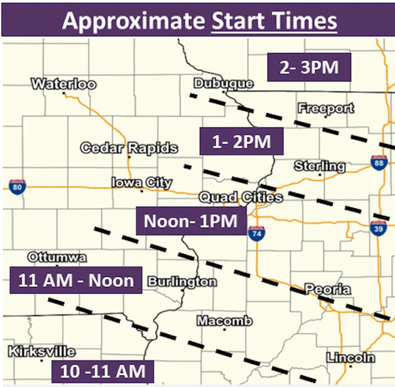 A National Weather Service map showing approximate arrival times in northwest Illinois of a round of freezing rain and drizzle that could affect the region on Saturday.