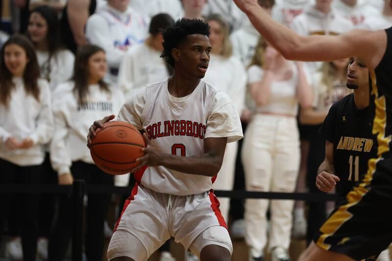 Bolingbrook’s Mekhi Cooper looks for a play against Andrew in the Class 4A Oswego Sectional semifinal. Wednesday, Mar. 2, 2022, in Oswego.