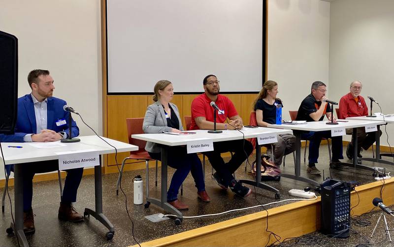 Candidates for DeKalb School District 428 school board participate in a candidates forum hosted by DeKalb Election Group and WNIJ Radio on Sunday, March 9, 2025, at the DeKalb Public Library, 309 Oak St. (From left): Nicholas Atwood, Kristin Bailey, Brandon Elion, Erin Grych, Jose Jaques and Howard Solomon.