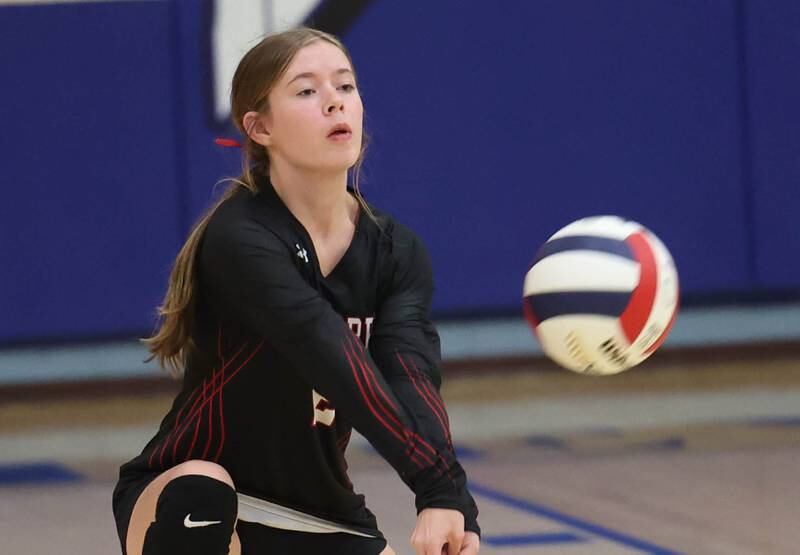 Indian Creek's Chloe Gaston receives a Hinckley-Big Rock's serve during their match Tuesday, Sept. 24, 2024, at Hinckley-Big Rock High School.