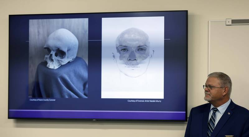 Kane County Coroner Rob Russell is pictured with an artist’s rendering of the likeness of Esther Granger and a photograph of her skull during a press conference Thursday, Oct. 24, 2024 in St. Charles. In 1978 a skull was found in a wall of a house being remodeled in Batavia. Last year Batavia police found it in their cold case evidence, and asked the coroner for help identifying it. They extracted DNA and had it analyzed by a forensic genetic genealogy company.