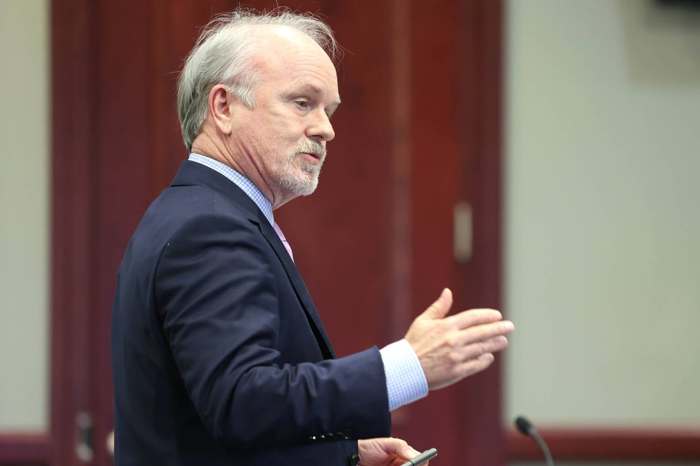 Attorney Clay Campbell, representing former DeKalb School District 428 Superintendent Douglas Moeller, makes his opening statement Wednesday, Oct. 5, 2022 at the DeKalb County Courthouse in Sycamore. Moeller was charged in April 2018 with non-consensual dissemination of private sexual images, a class 4 felony.