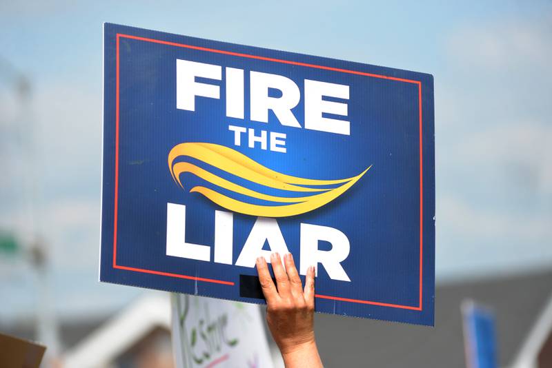 This was one of the signs displayed at the "No Kings" rally held in Oregon, Illinois on Saturday, June 14, 2025. Close to 500 people took part in the 2-hour event to protest actions by President Donald Trump.