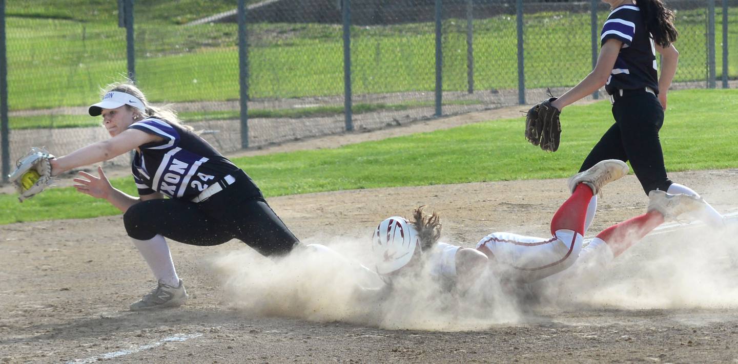 Oregon's Olivia Ortega slides safely into third ahead of the throw as Dixon third baseman Abby Hicks catches the ball on Tuesday, May 7, 2025 at Oregon Park West.