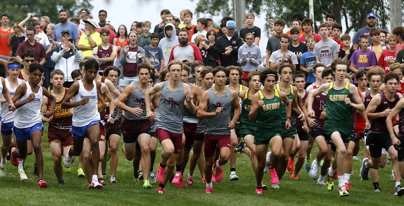 Runners race to the first flag during the boys race of the McHenry County Cross Country Meet Saturday, August 27, 2022, at Emricson Park in Woodstock.