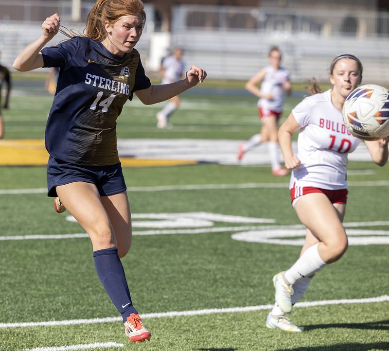 Sterling’s Delia Block chases the ball against Streator Friday, May 15, 2026, during the Class 2A regional soccer quarterfinal.