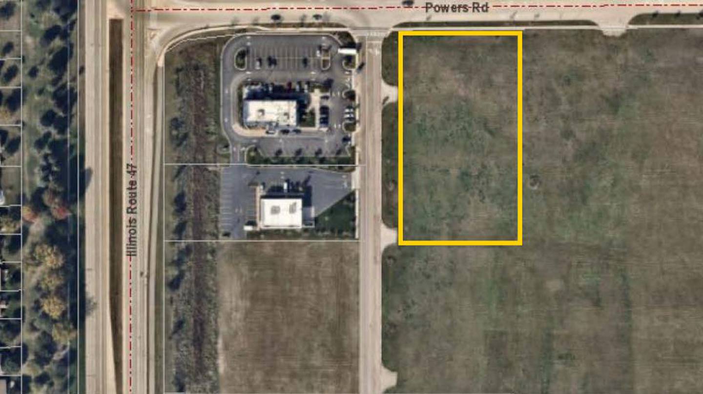 Huntley trustees this week voted unanimously to approve a special use for a child care center at Huntley Crossings. The area outlined in yellow is for a 10,400-square foot child care center, Lighthouse Academy.