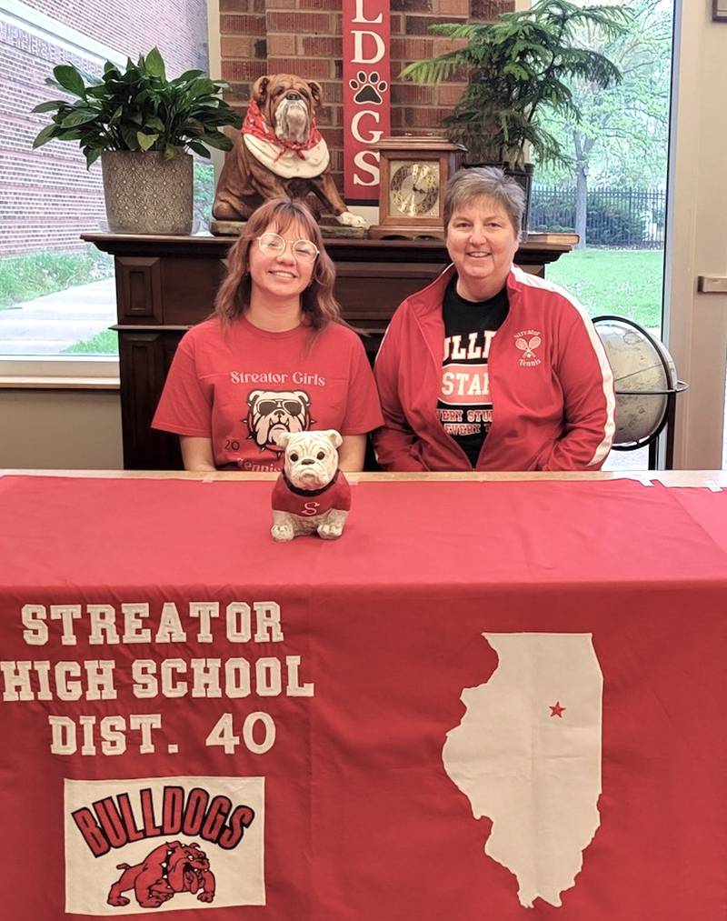 Streator's Annika Michlik has signed on to continue her education at Illinois Valley Community College in Oglesby and her tennis career at the NJCAA level with the Eagles. Michlik (at left) is pictured here seated next to recently retired Streator girls tennis coach Kaye Tallier.