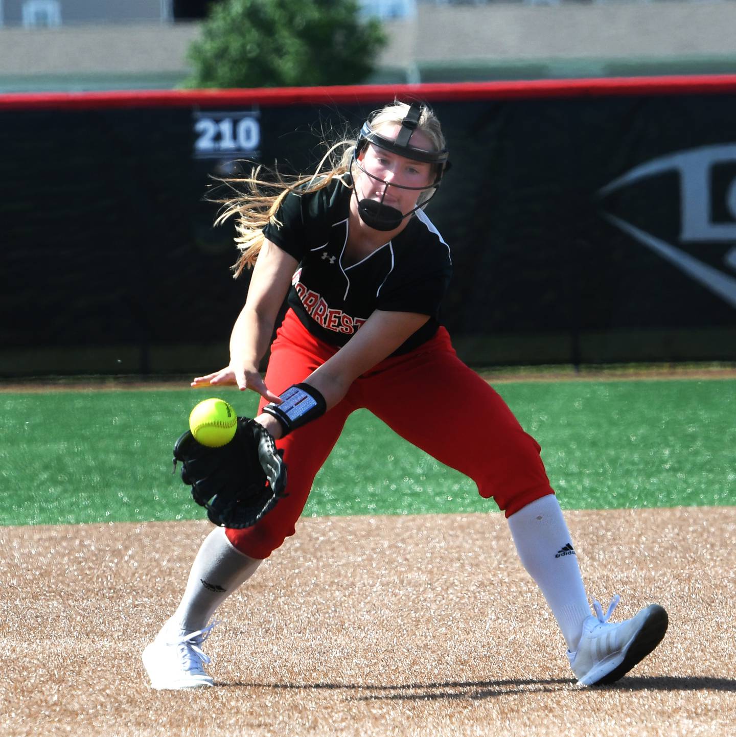Forreston third baseman Rylee Broshous fields a ground ball during the third place game at the 1A state softball finals in Peoria on Saturday. The Cardinals beat Newark 4-2 in 8 innings.