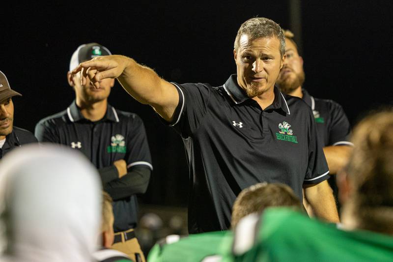 Seneca Head Coach, Terry Maxwell speaks to team after win against Chicago Cristian in home opening game on Friday, Aug 29, 2025 at Seneca High School in Seneca.