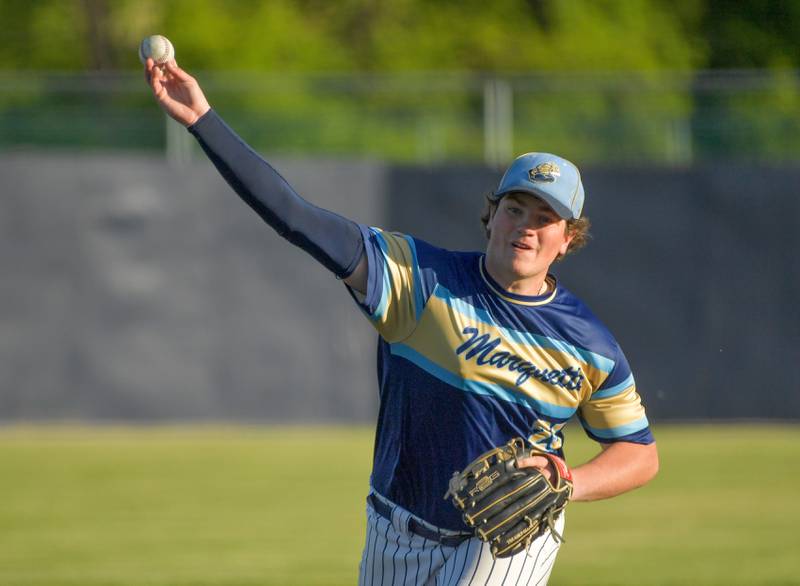 Marquette Academy starting pitcher Aidan Thompson (25) throws against Chicago Hope Academy during the 1A baseball sectional semifinal at Judson University in Elgin on Thursday, May 25, 2023.