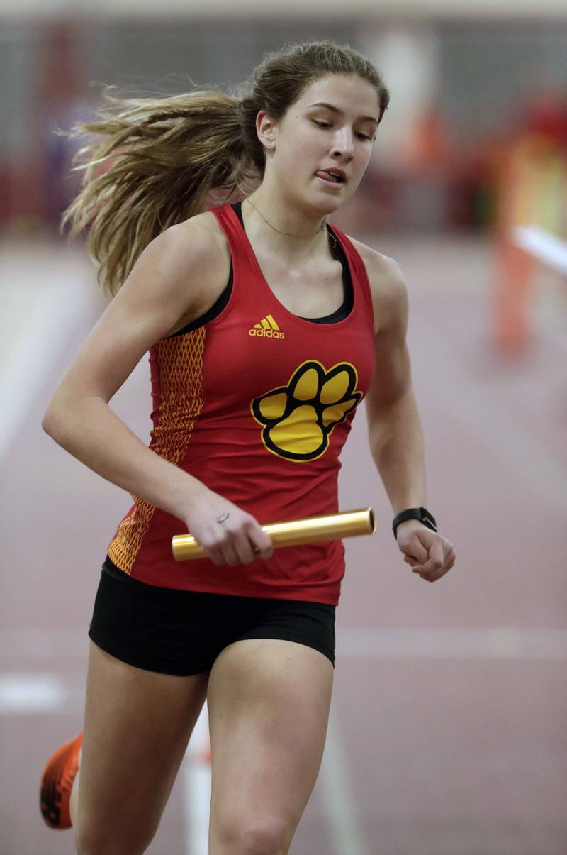 Batavia’s Ava Thomas in the 4x800 during the DuKane Girls Indoor Championship track meet Friday March 18, 2022 in Batavia.