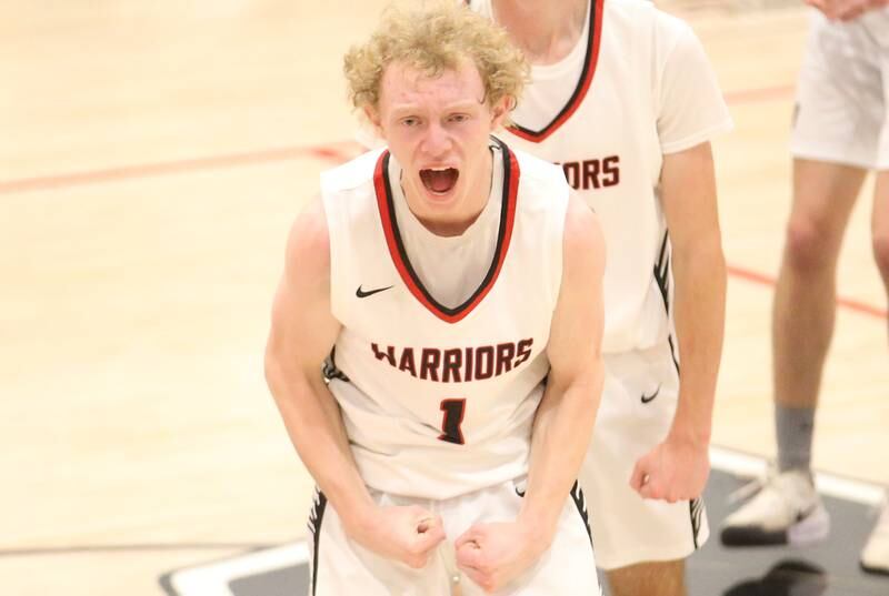 Woodland's Connor Dodge reacts after hitting the go ahead shot at halftime over Flanagan-Cornell during the Route 17 Classic Tournament on Wednesday, Nov. 27, 2024 at Woodland High School.