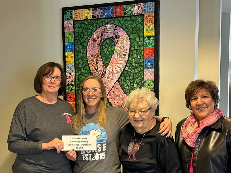 Pink Ribbon Club of the Illinois Valley awarded the Pat Inda Oncology Nursing Scholarship for $1,000 to Oncology Nurse Kelly Siembab, RN Illinois CancerCare. The Scholarship is in honor of Pat Inda, Board Member and 33 year Breast Cancer Survivor.  Kelly will use the funds to attend the Oncology Nursing Society’s annual conference in Texas this spring. 
Gathered at the presentation were (from left) Lorraine Hamilton, Treasurer; Kelly Siembab, RN, recipient; Pat Inda, Board Member; and Joan Fernandez, President.