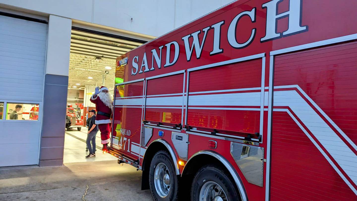 Santa arrived on a fire truck to the Christmas tree lighting ceremony on Dec. 2 at Veterans Park in downtown Sandwich.