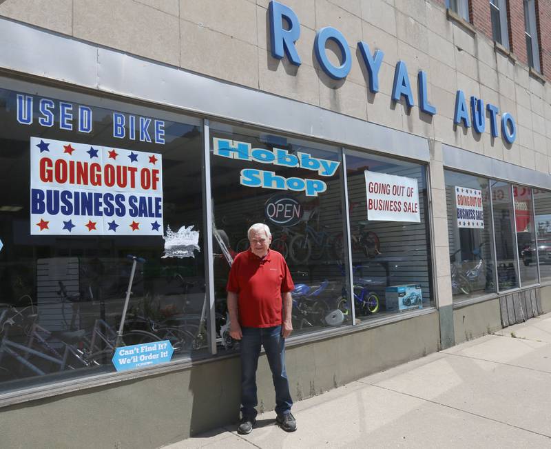 Bill Stewart, owner of Royal Auto Supply poses in front of his storefront at the corner of 4th and Fulton Street  on Friday, May 26, 2023 downtown Peru. Stewart is closing his business after 50 years. The shop has used bicycles, radio controlled and hobby accessories and auto parts from the 1970's through the 1990's.
