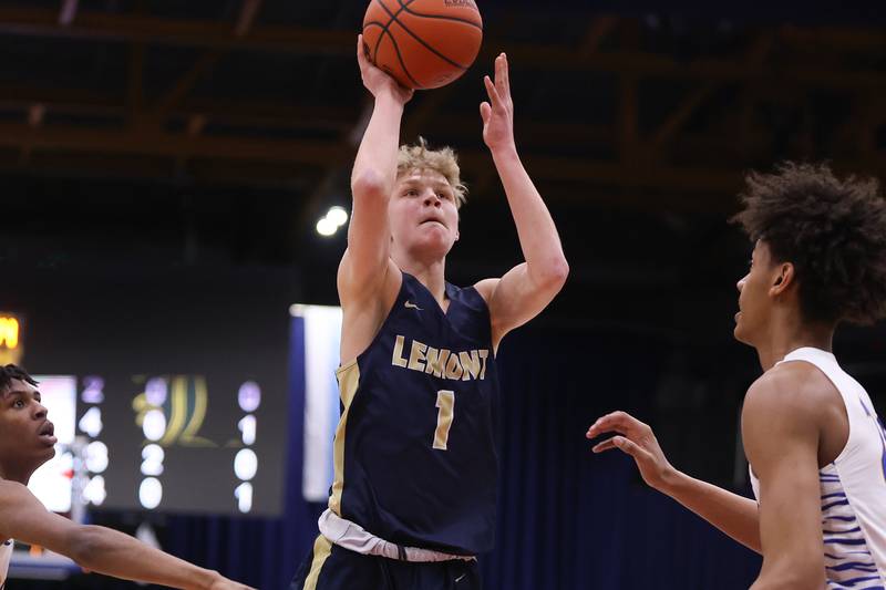 Lemont’s Matas Castillo puts up a shot against Simeon in the Class 3A super-sectional at UIC. Monday, Mar. 7, 2022, in Chicago.