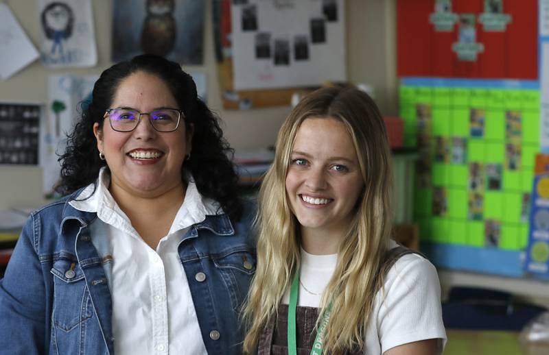 Dual language teachers Lillian Hayes and Elle Creighton on Tuesday, April 22, 2025, at Dean Street Elementary School in Woodstock. Hayes has been teaching dual language classes in District 200 for 20 years.  Creighton was a student in Hayes' first class of dual language students.