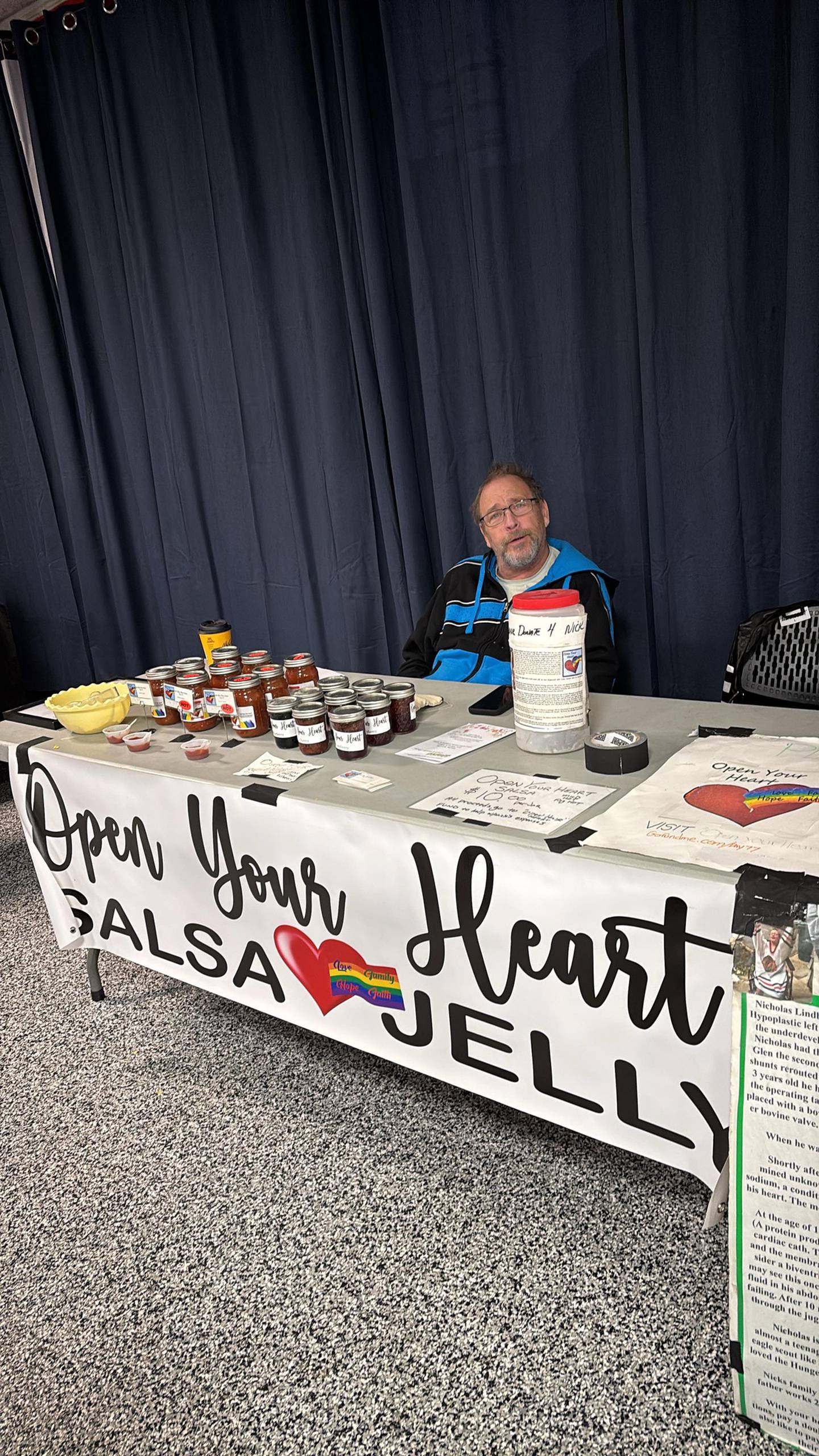 Dan Lindblad selling Open Your Heart Salsa and Jelly at the Lockport American Legion.