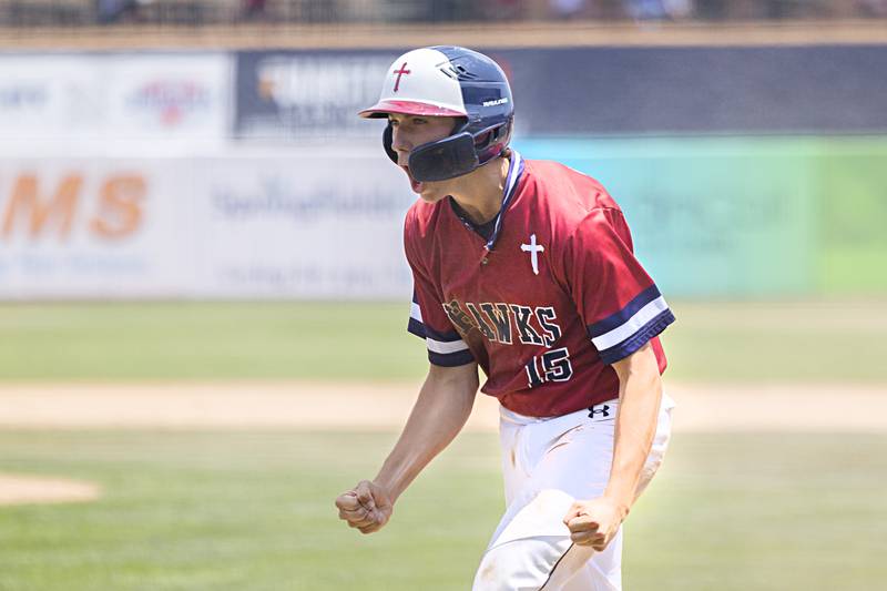 Gibrault’s Tyler Frierdich celebrates after scoring against Henry-Senachwine Saturday, June 3, 2023 during the IHSA class 1A championship baseball game.