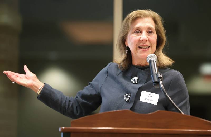 Jill Olson, with CASA DeKalb County, speaks after CASA was presented with the 2023 Nonprofit Organization Award Thursday, Feb. 9, 2023, during the DeKalb Chamber of Commerce’s Annual Celebration Dinner in the Barsema Alumni and Visitors Center at Northern Illinois University.