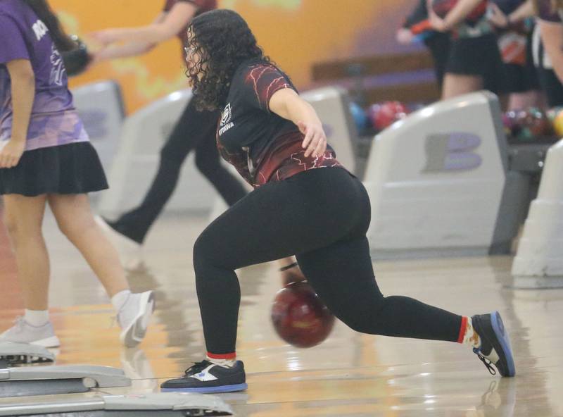 Ottawa's Kathy Perez bowls during the IHSA girls bowling Regional meet on Friday, Feb. 6, 2026 at the Illinois Valley Super Bowl in Peru.