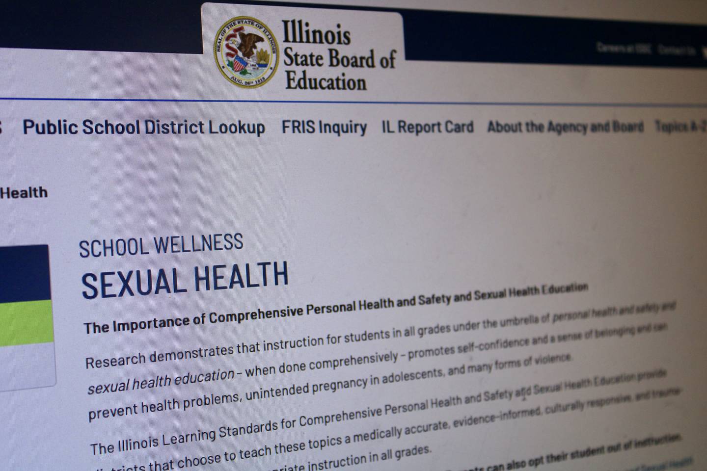 The information web page on School Wellness and Sexual Health at the Illinois State Board of Education website.