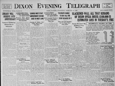 Historical covers for February 18: The fire at the Dixon Opera House