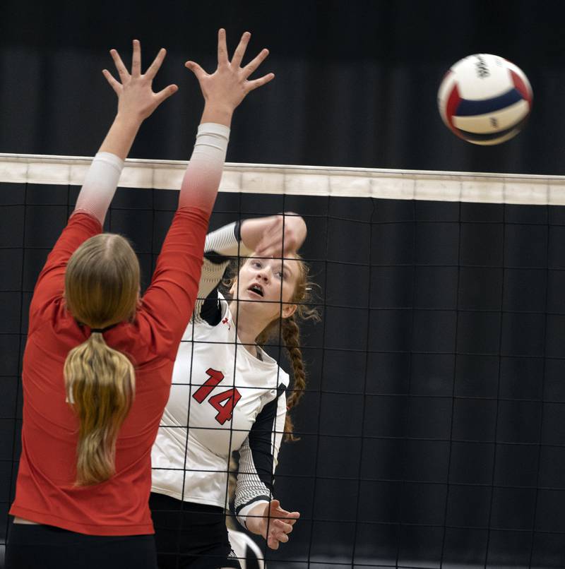 Erie-Prophetstown’s Eden Jensen hammers a shot against Oregon Tuesday, Oct. 28, 2025, in the Class 2A regional semifinal at Rock Falls.