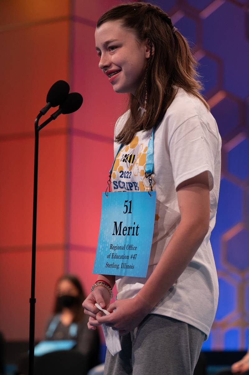 Merit Namaste-Rose of David L. Rahn Junior High in Mt. Morris competes in the first round of the Scripps National Spelling Bee on Tuesday in National Harbor, Maryland.